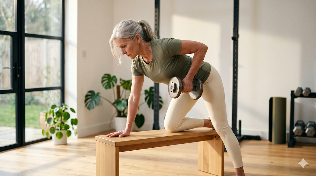 Dojrzała kobieta wykonuje trening siłowy w domu — aktywność fizyczna podczas IF po 50-tce