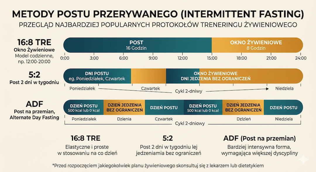 Infografika przedstawiająca trzy warianty postu przerywanego: 16:8, 5:2 i ADF