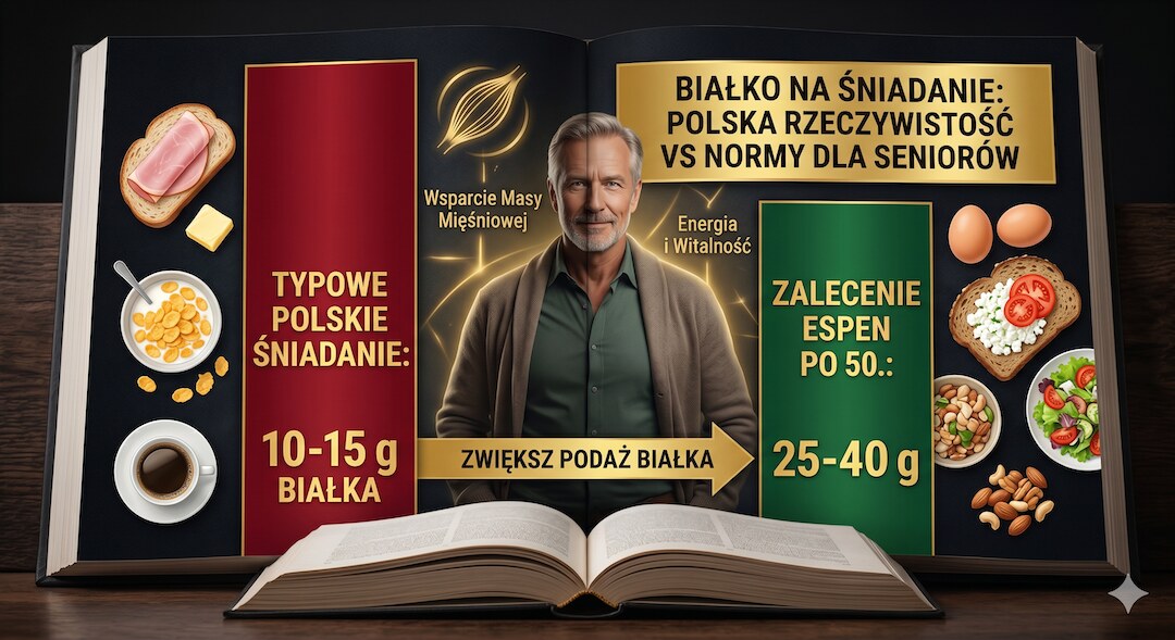 Infografika: rekomendowana ilość białka w śniadaniu dla osoby po 50. – 25-40 g na posiłek według ESPEN