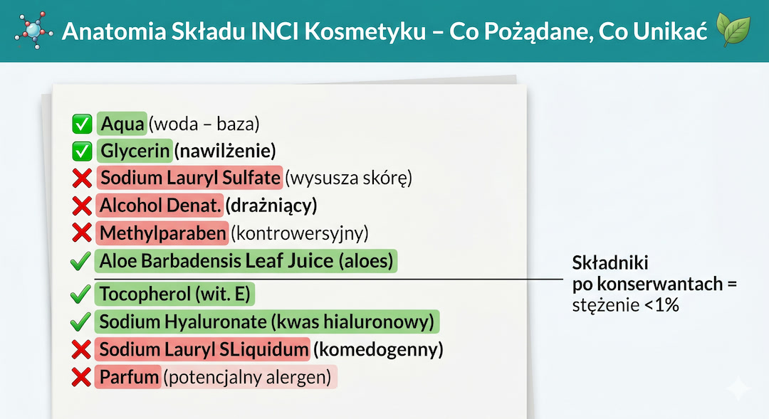 Infografika po polsku: anatomia składu INCI kosmetyku – schemat z zaznaczonymi składnikami pożądanymi i tymi do unikania, polskie opisy