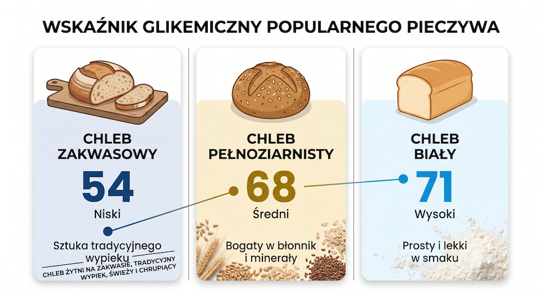 Infografika porównująca indeks glikemiczny różnych rodzajów chleba