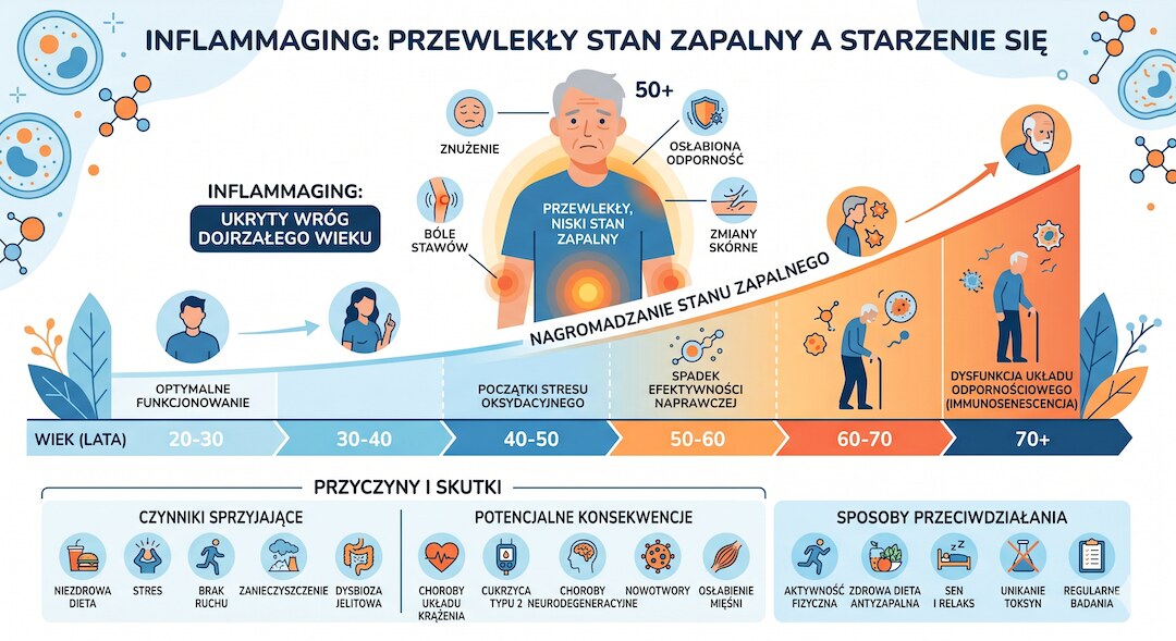 Schemat procesu inflammagingu — przewlekłe zapalenie a starzenie