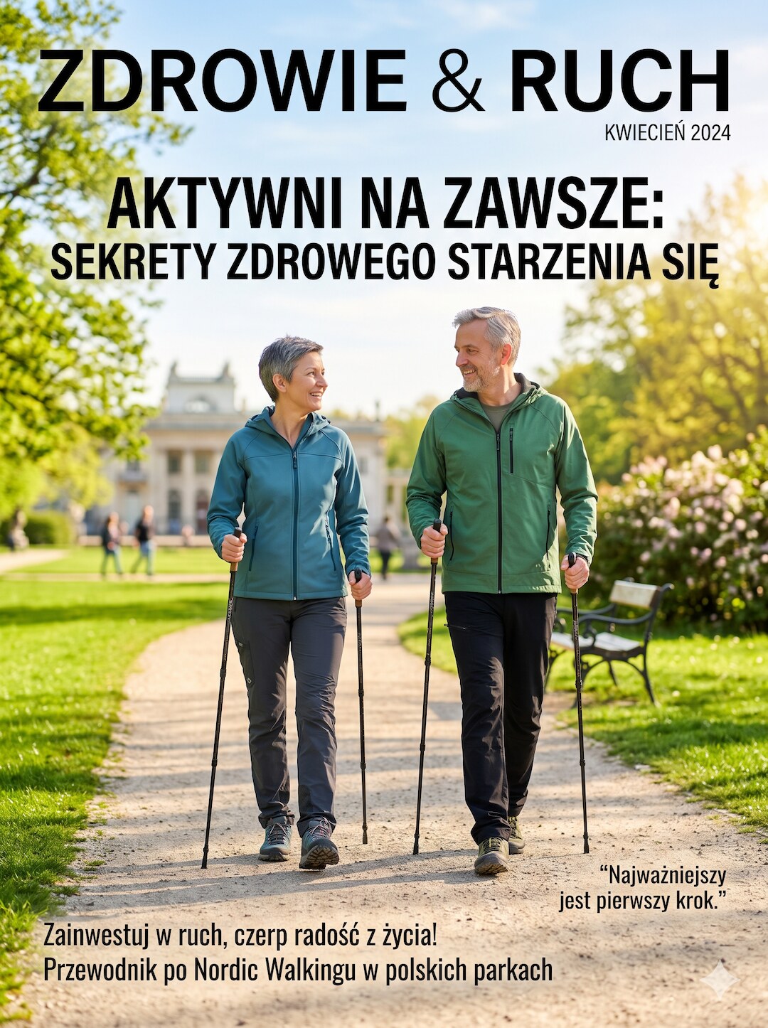 Pogodna para 50+ na spacerze z kijkami nordic walking w słoneczny dzień