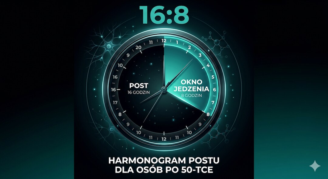 Schemat okna żywieniowego intermittent fasting dla osób 50+ z polskimi opisami