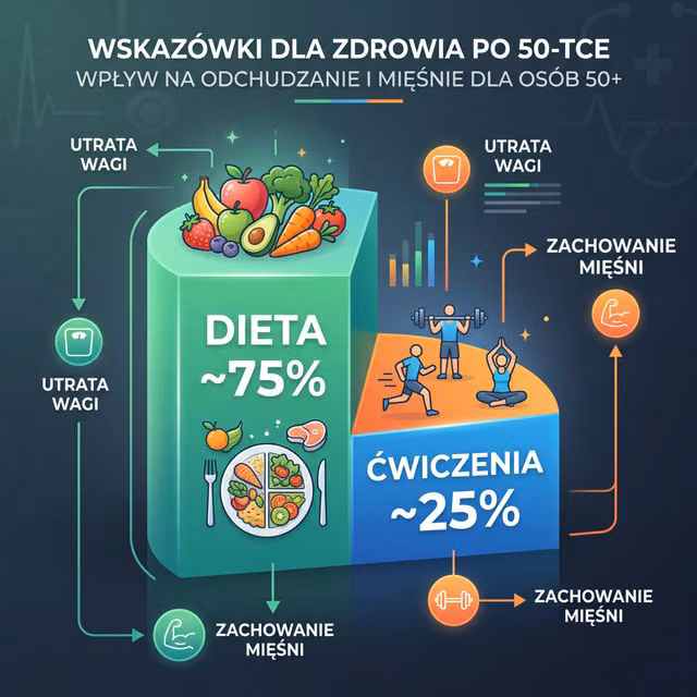 Infografika: Proporcja wpływu diety i ćwiczeń na efekty po 50-tce
