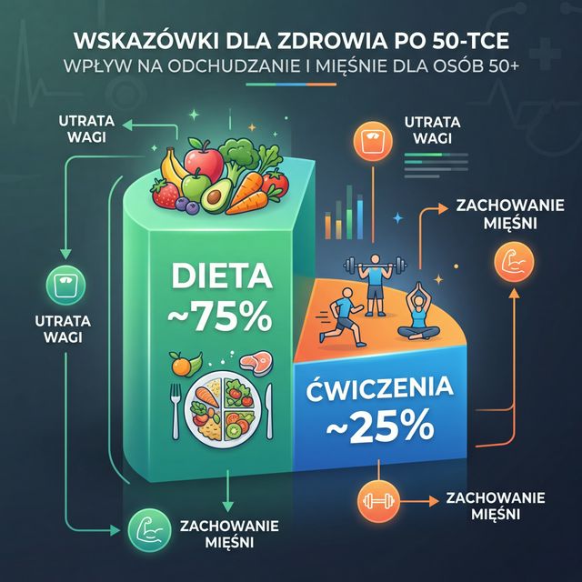 Infografika: Proporcja wpływu diety i ćwiczeń na efekty po 50-tce