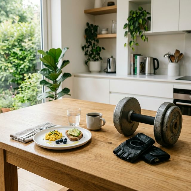 Zbyt mały posiłek obok hantla jako symbol błędu niedojadania