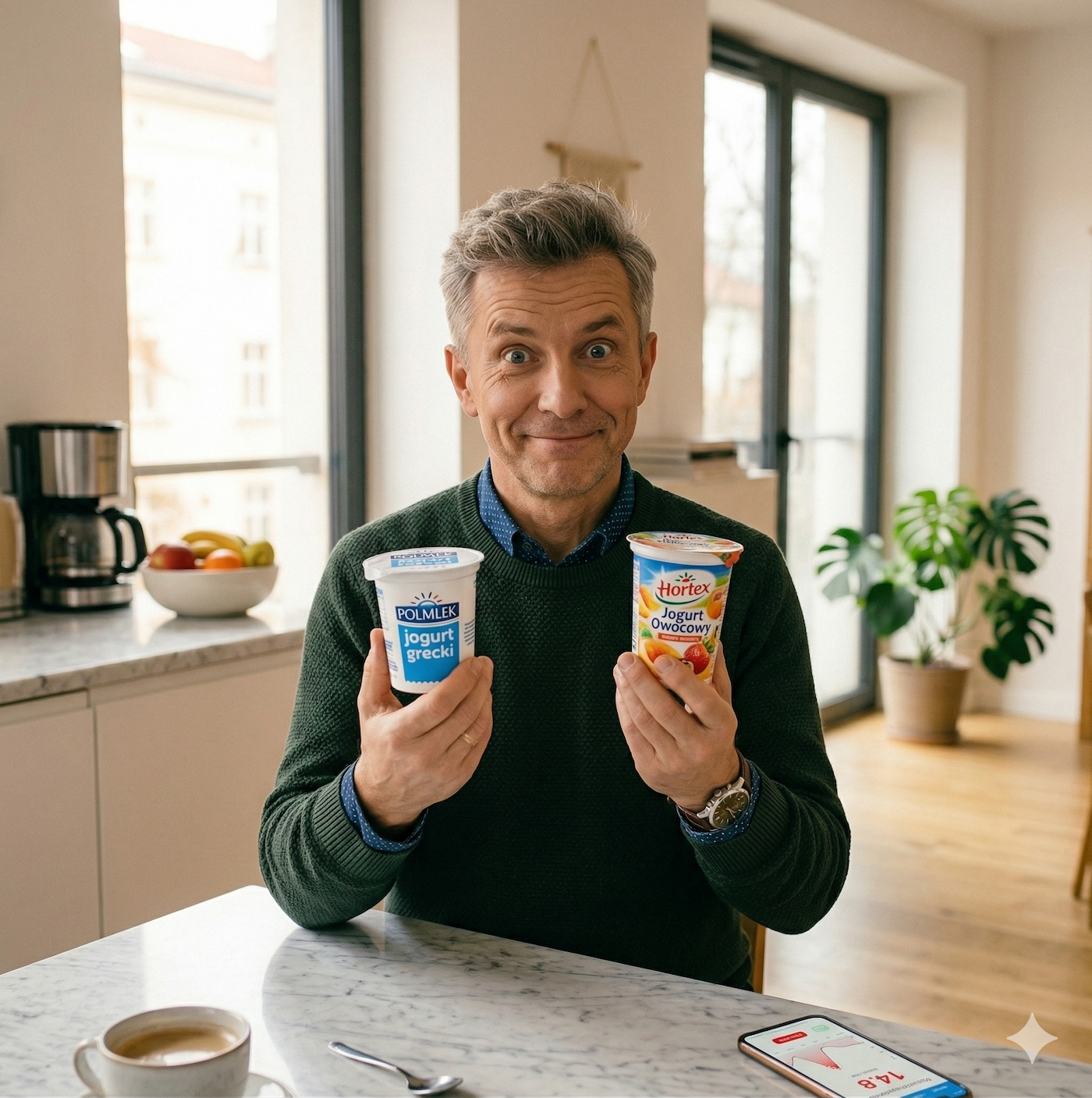 Mężczyzna po 50-tce trzyma dwa jogurty — owocowy i grecki, wyraz zaskoczenia na twarzy, etykiety z zawartością cukru