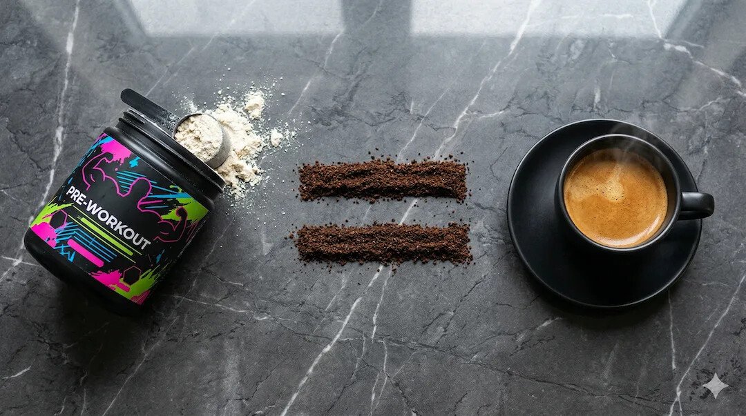 Espresso kontra pre-workout na marmurowym blacie — porównanie