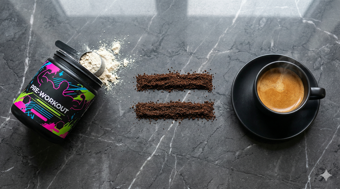 Espresso kontra pre-workout na marmurowym blacie — porównanie