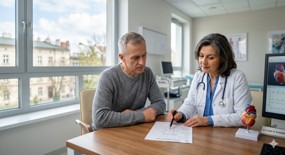 Mężczyzna po 50-tce, szczupły i aktywny, rozmawia z kardiologiem w gabinecie – trzyma wyniki z bardzo wysokim LDL