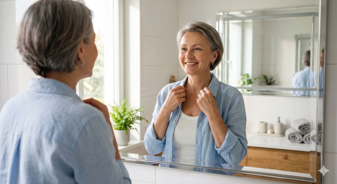 Kobieta po 55-tce w dobrej formie patrzy w lustro w jasnej łazience – zdrowa skóra, zadowolony wyraz twarzy, poranek