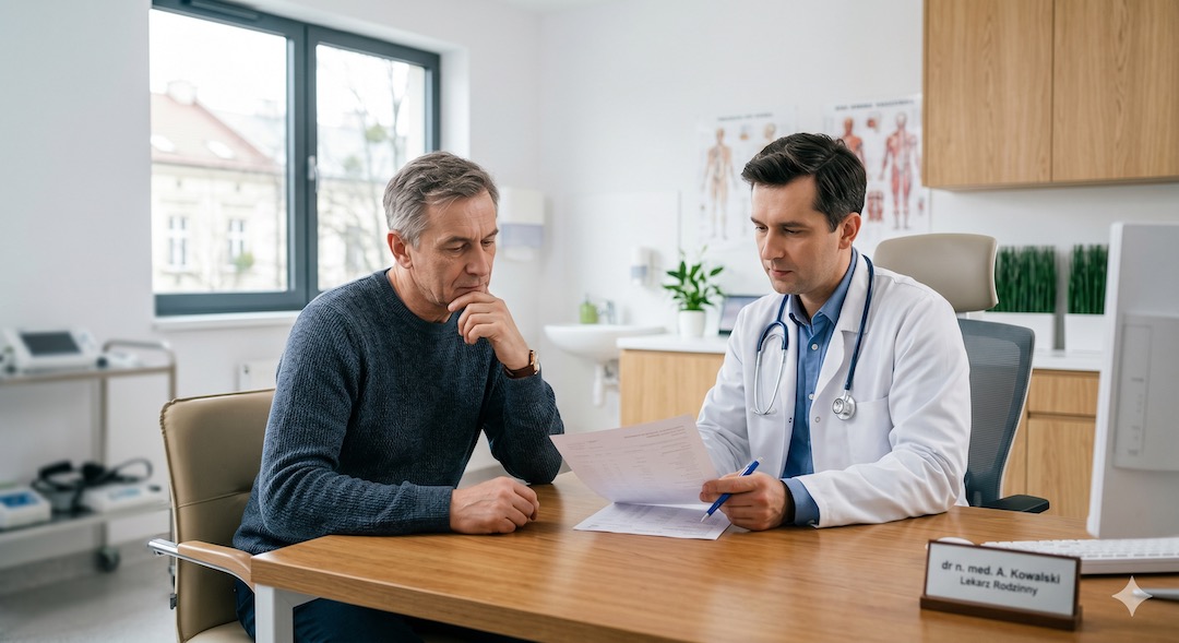 Mężczyzna po 55-tce konsultuje się z lekarzem pierwszego kontaktu, trzyma kartkę z wynikami badań krwi – poważna rozmowa