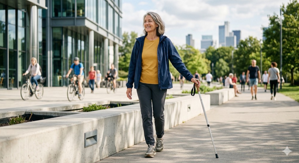 Osoba po 50-tce z kijkami trekkingowymi, dbająca o prawidłową postawę i symetryczne obciążenie kręgosłupa
