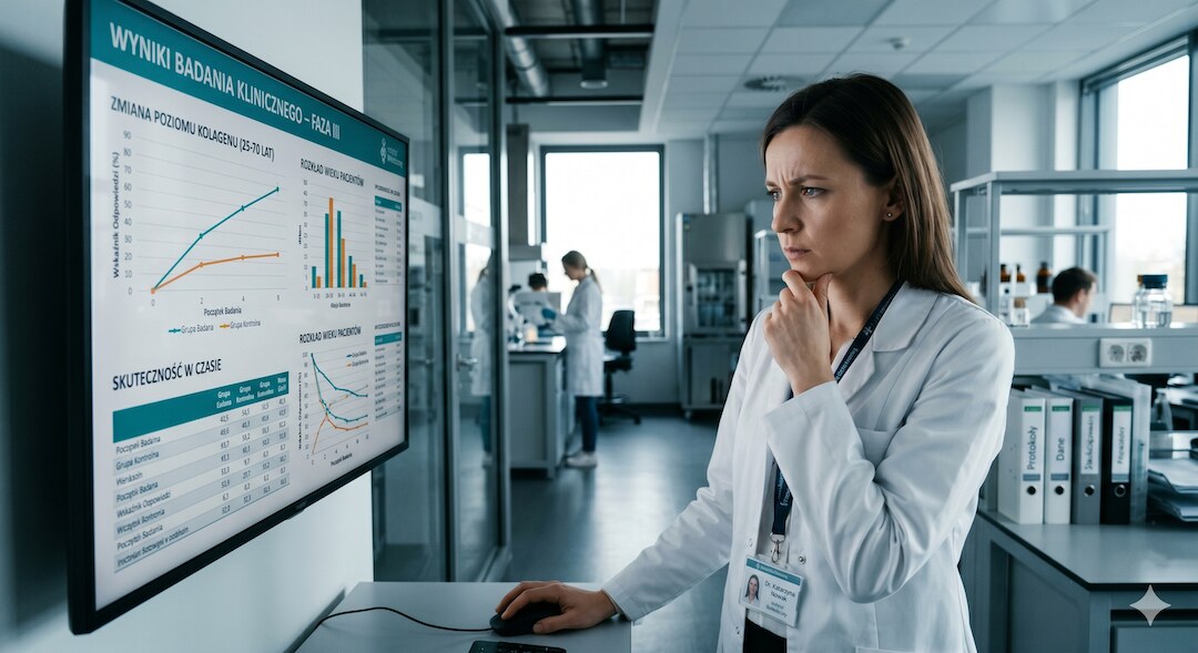 Naukowiec analizujący wyniki badań klinicznych nad kolagenem