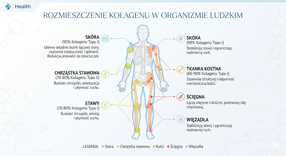 Schemat typów kolagenu w ciele człowieka – skóra, stawy, kości