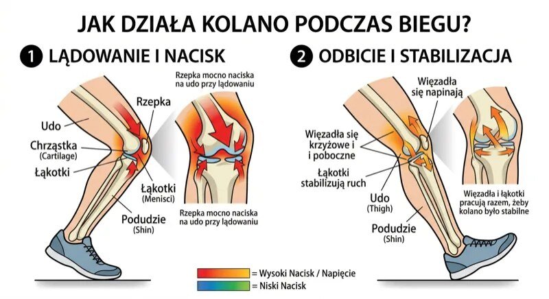 Anatomiczne zbliżenie stawu kolanowego i otaczających tkanek