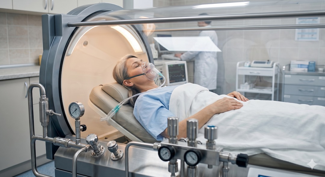 Zbliżenie na pacjenta 50+ relaksującego się w profesjonalnej komorze hiperbarycznej, czytającego książkę, światło jest miękkie i przyjazne