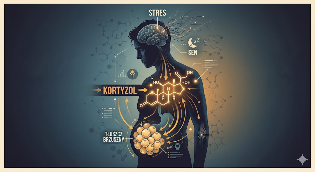 Schemat: kortyzol i stres a tłuszcz trzewny – infografika z polskim opisem