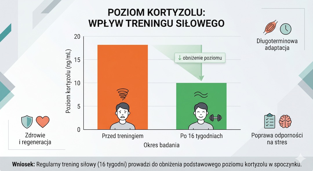 Infografika por&oacute;wnująca poziomy kortyzolu przed i po długoterminowym treningu siłowym