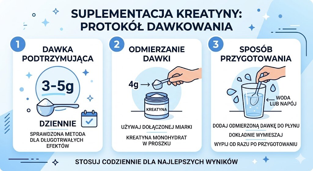 Infografika przedstawiajaca protokol dawkowania kreatyny po 50-tce