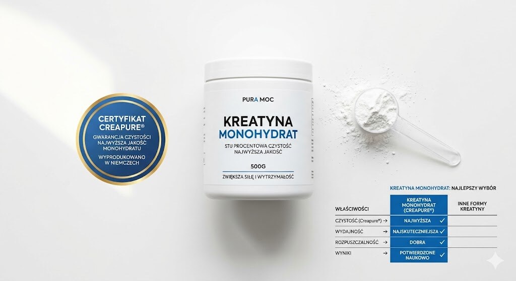 Rozne opakowania suplementow z kreatyna na blacie, podkreslony monohydrat z certyfikatem