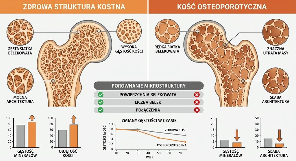 Wizualizacja struktury kosci w osteoporozie versus zdrowej kosci u osoby aktywnej