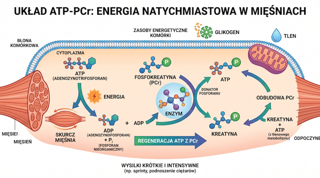 Schemat mechanizmu dzialania kreatyny i ATP w komorce miesniowej