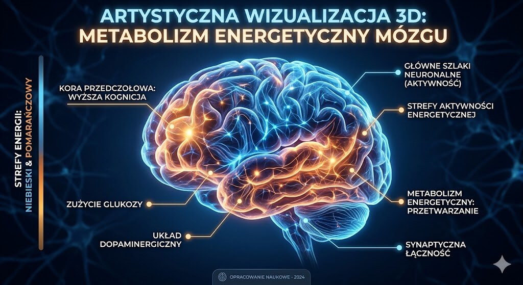 Schemat mozgu z zaznaczonymi obszarami pamieci i metabolizmu energetycznego