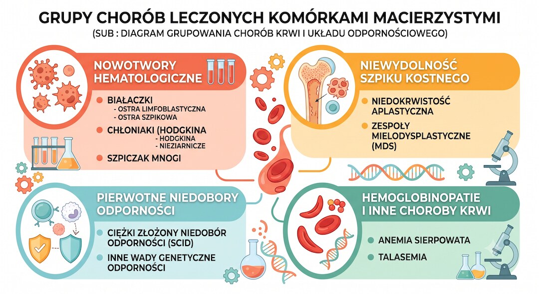 Czytelna grafika przedstawiająca grupy chorób leczonych komórkami krwiotwórczymi