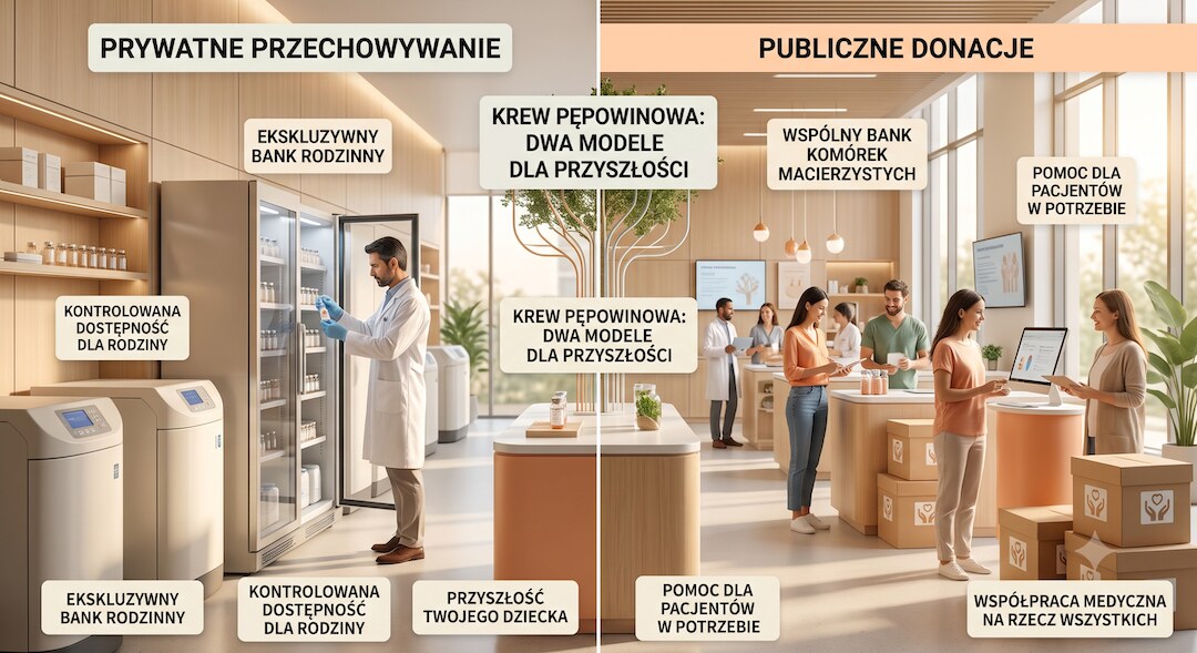 Zestawienie dwóch modeli bankowania krwi pępowinowej w jasnej, nowoczesnej grafice