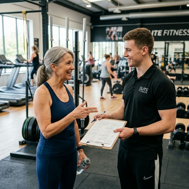 Kobieta po 50-tce rozmawia z młodym trenerem personalnym