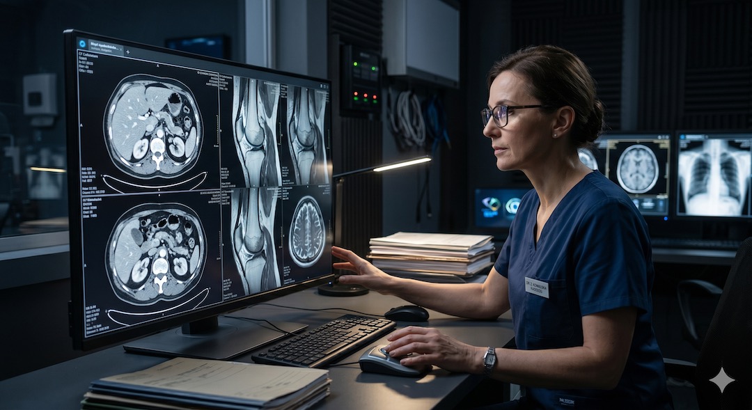 Radiolog oglądający skany CT i MRI na ekranie diagnostycznym w ciemnej pracowni radiologicznej