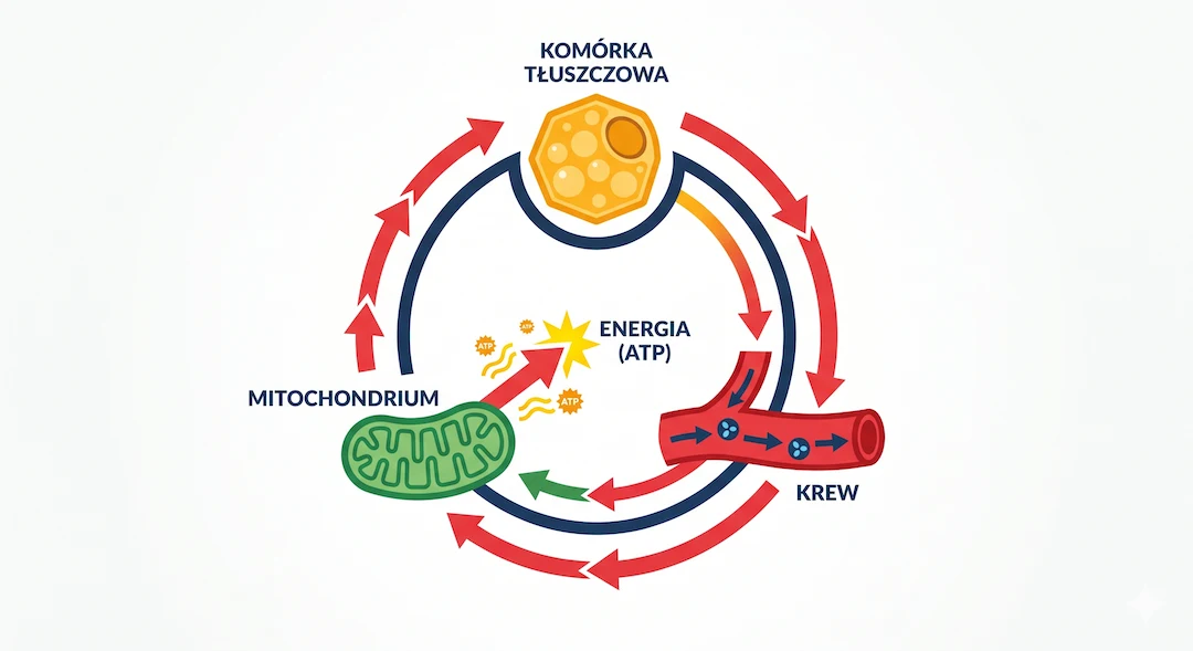 Schemat komórki tłuszczowej uwalniającej trójglicerydy pod wpływem hormonów