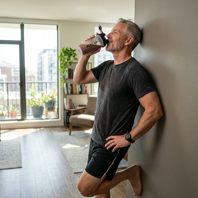 Mężczyzna pijący shaker z odżywką rano przed wyjściem - proste wsparcie sprawności