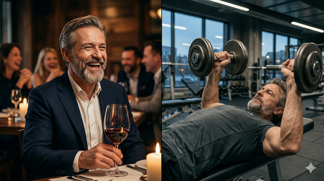 Polski mężczyzna po 50-tce w piątkowy wieczór przy winie, a następnego dnia na siłowni
