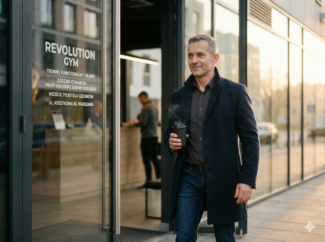 Pewny siebie mężczyzna po 50-tce wchodzi na siłownię z kawą w ręku