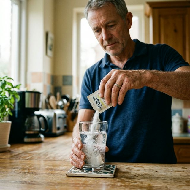 Mężczyzna po 50-tce przygotowujący suplement w kuchni - prosta, domowa rutyna