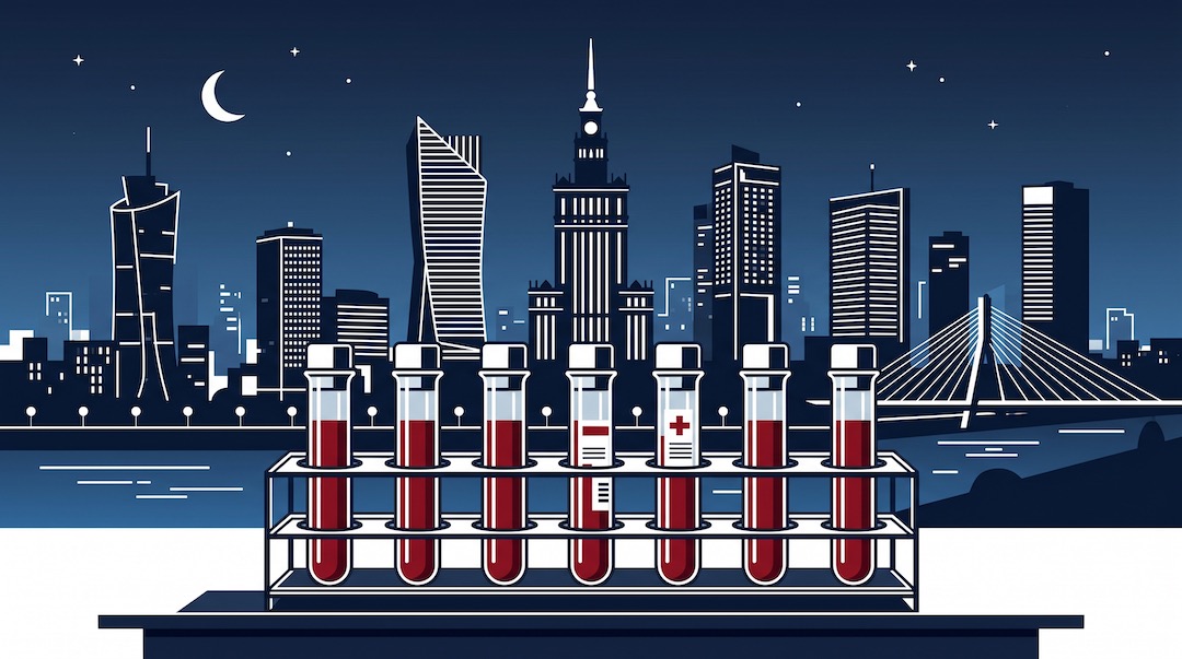 Symboliczna ilustracja probówek z krwią i wykresem ryzyka zdrowotnego na tle nowoczesnego miasta