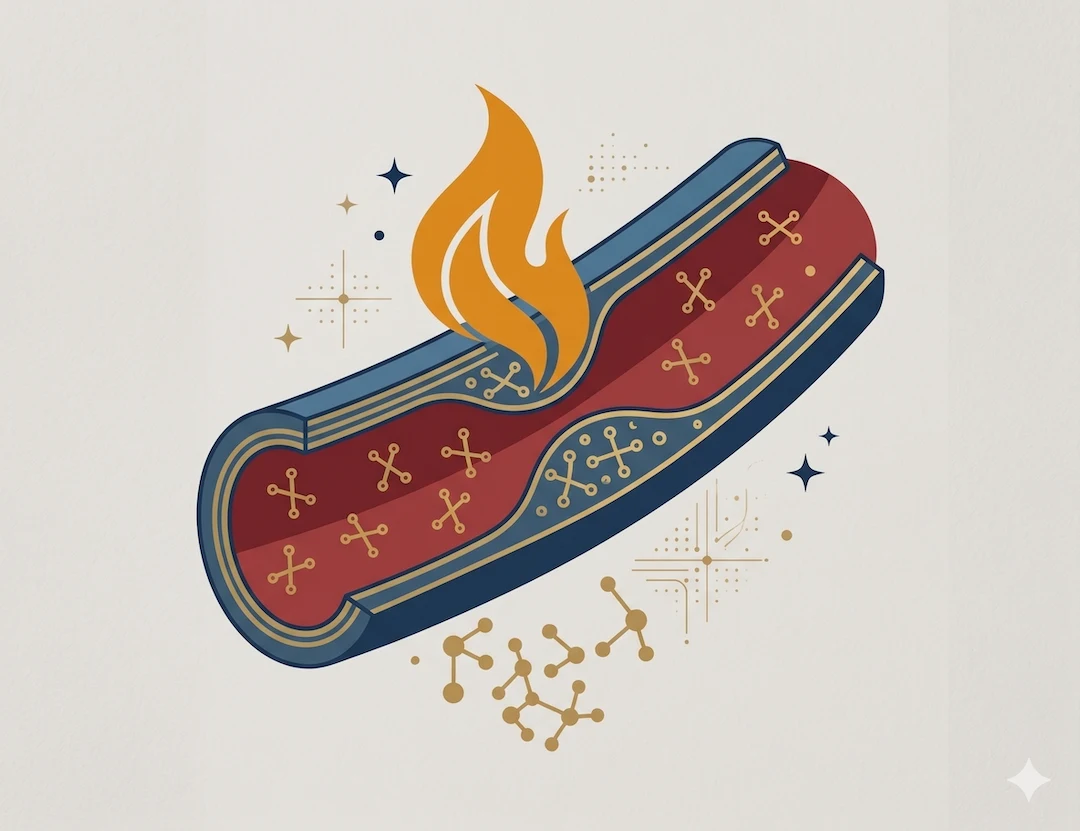 Symboliczna ilustracja naczynia krwionośnego z markerami stanu zapalnego