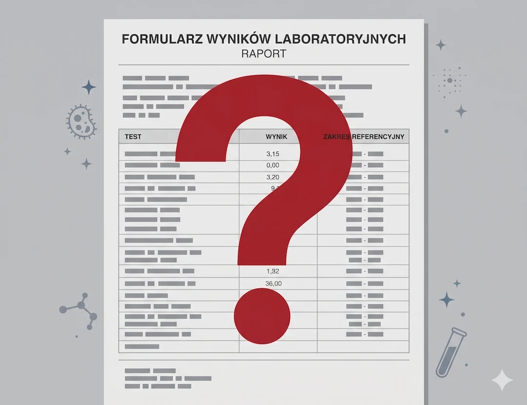 Symboliczna ilustracja fałszywego alarmu — pusty formularz wyników z dużym znakiem zapytania