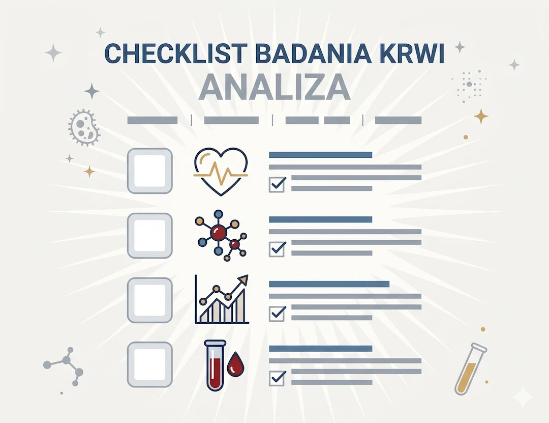Checklist badań krwi dla osoby po 50-tce — symboliczna ilustracja w stylu infografiki
