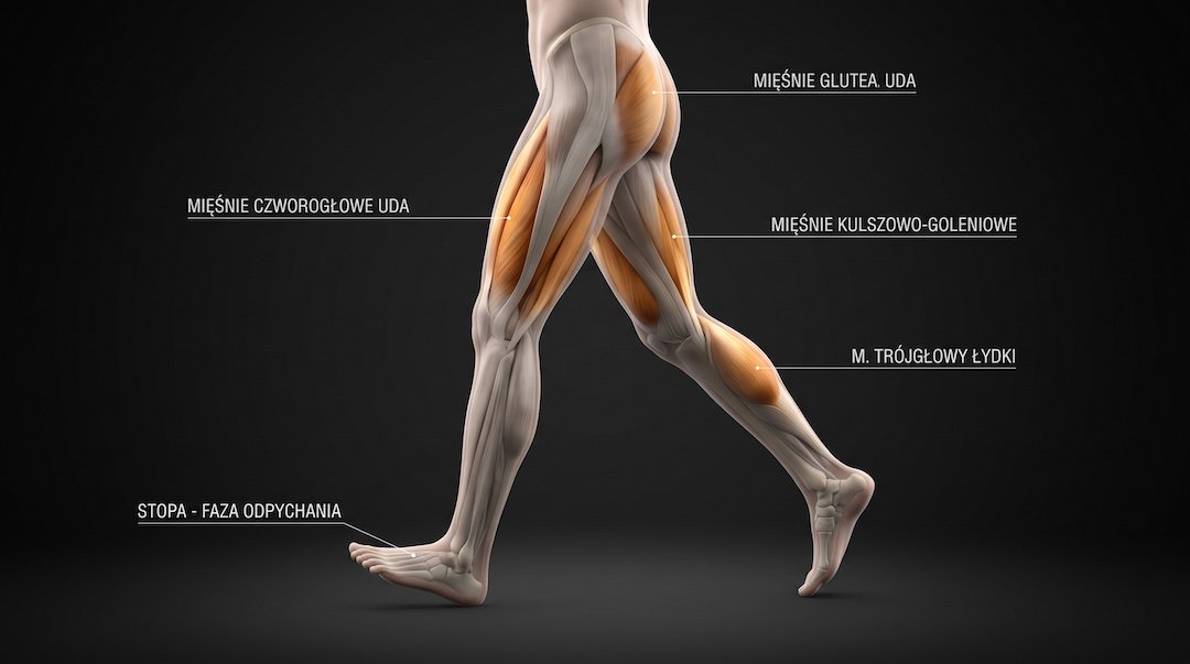Trójwymiarowa ilustracja anatomiczna nogi w fazie odbicia z podświetlonymi mięśniami uda
