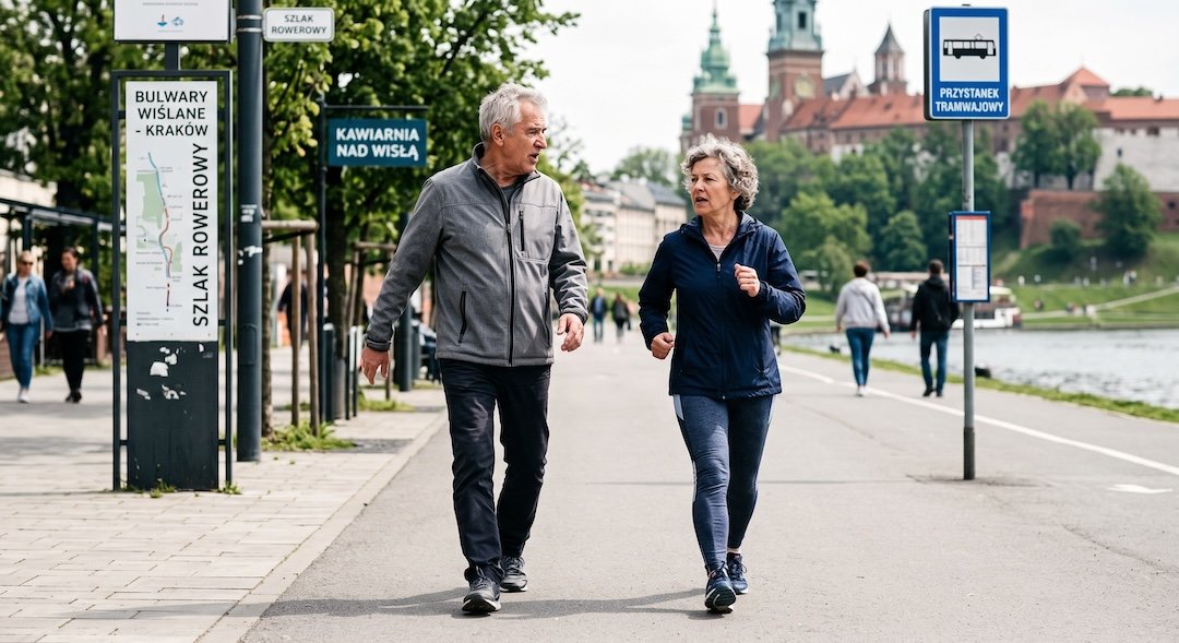 Dwie osoby około sześćdziesiątki idą szybko wzdłuż bulwaru i rozmawiają krótkimi zdaniami