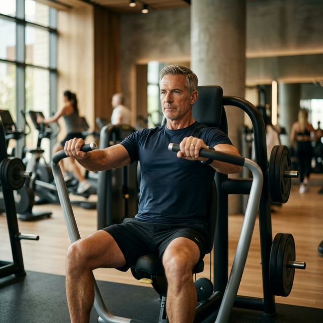 Osoba po 50-tce na maszynie chest press w nowoczesnej siłowni