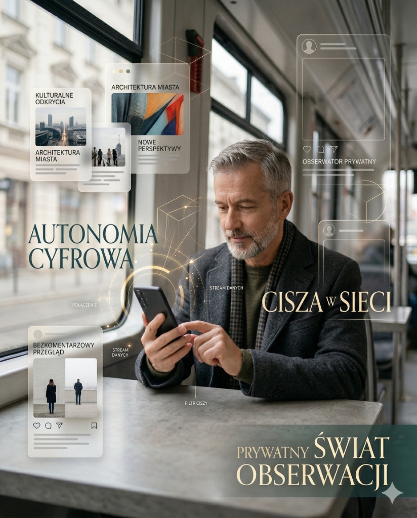 Autonomia cyfrowa - dojrzały mężczyzna korzystający z telefonu w komunikacji miejskiej, symbolizujący prywatną obserwację