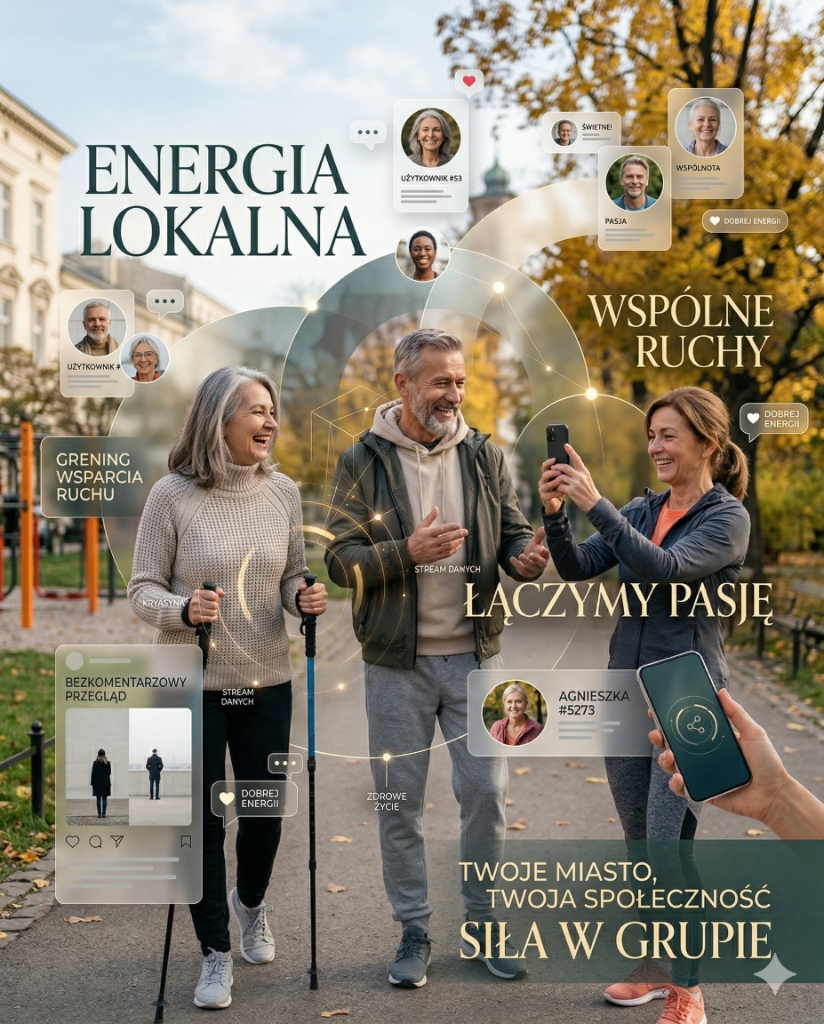 Energia lokalna i grupy - dojrzałe osoby wspólnie uprawiające nordic walking i korzystające z technologii do integracji