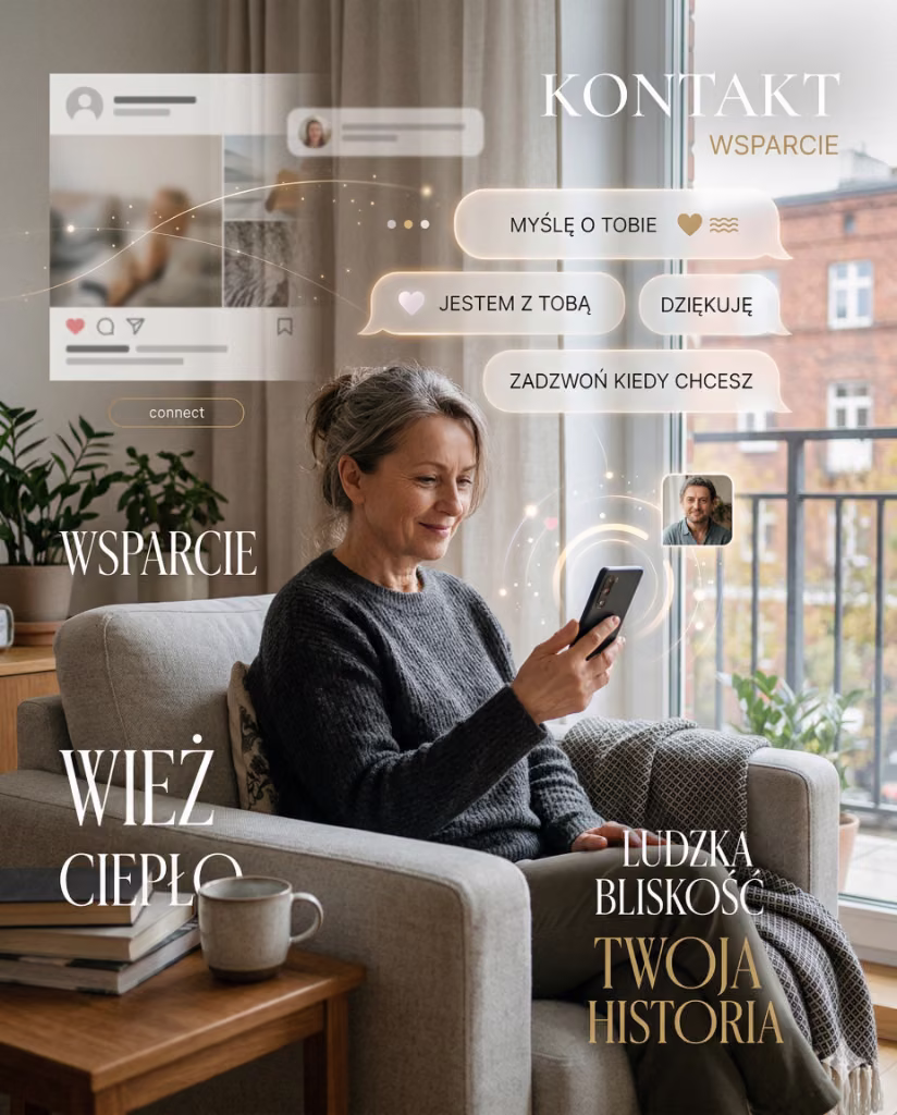 Kontakt i wsparcie - radosna seniorka korzystająca z technologii do budowania więzi