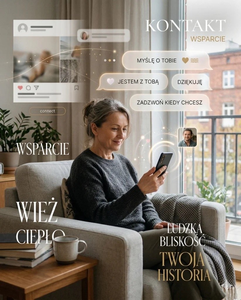Kontakt i wsparcie - radosna seniorka korzystająca z technologii do budowania więzi