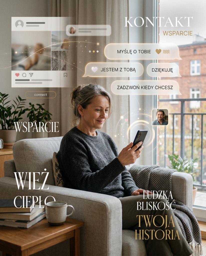 Kontakt i wsparcie - radosna seniorka korzystająca z technologii do budowania więzi